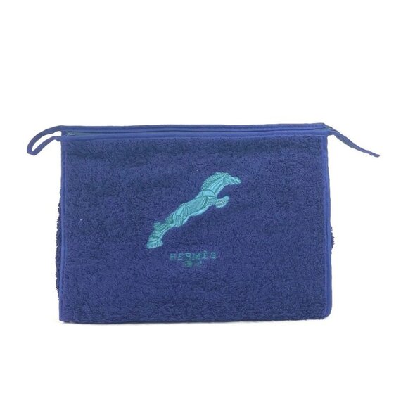 HERMES Horse print pile beach pouch Logo Clutch Bag Multi Pouch pile Navy - Picture 1 of 16